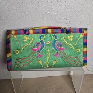 Embroidered Green Clutch with Peacock Design